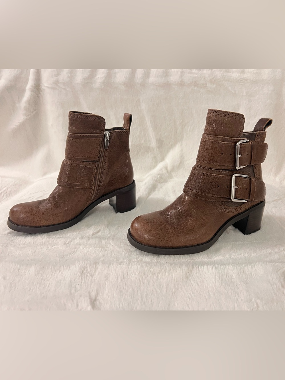 Clarks Brown Leather Buckle Ankle Boots with Block Heel